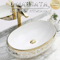Cuba de Pia Louça Cerâmica Apoio Banheiro Dourado e Branco - 62x42cm